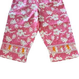 Linen Blend Wide Leg Pink Daisies Flip Flop Beach crop pants peddle pushers